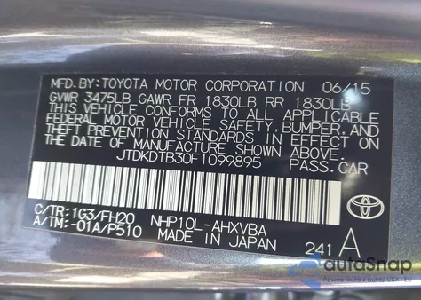 2015 Toyota Prius C One z USA, uszkodzony, nr VIN JTDKDTB30F1099895